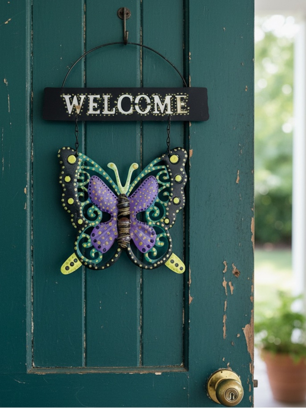 Hand crafted painted Welcome sign metal butterfly door garden hanger bead purple
